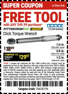 Harbor Freight FREE Coupon PITTSBURGH CLICK TYPE TORQUE WRENCHES Lot No. 61277/63881/61276/63880/62431/239/63882 Expired: 1/21/24 - FWP
