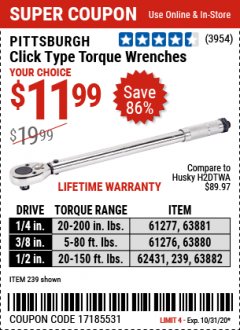 Harbor Freight Coupon PITTSBURGH CLICK TYPE TORQUE WRENCHES Lot No. 61277/63881/61276/63880/62431/239/63882 Expired: 10/31/20 - $11.99