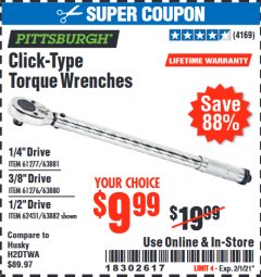 Harbor Freight Coupon PITTSBURGH CLICK TYPE TORQUE WRENCHES Lot No. 61277/63881/61276/63880/62431/239/63882 Expired: 2/1/21 - $9.99