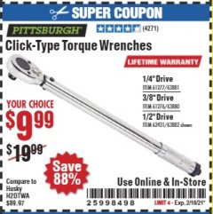 Harbor Freight Coupon PITTSBURGH CLICK TYPE TORQUE WRENCHES Lot No. 61277/63881/61276/63880/62431/239/63882 Expired: 2/18/21 - $9.99