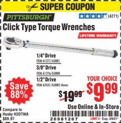 Harbor Freight Coupon PITTSBURGH CLICK TYPE TORQUE WRENCHES Lot No. 61277/63881/61276/63880/62431/239/63882 Expired: 3/9/21 - $9.99