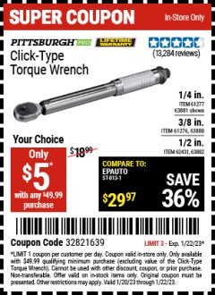 Harbor Freight Coupon PITTSBURGH CLICK TYPE TORQUE WRENCHES Lot No. 61277/63881/61276/63880/62431/239/63882 Expired: 1/22/23 - $5