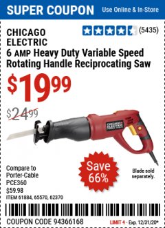 Harbor Freight Coupon CHICAGO ELECTRIC 6AMP HEAVY DUTY VARIABLE SPEED ROTATING HANDLE RECIPROCATING SAW Lot No. 65570/61884/62370 Expired: 12/31/20 - $19.99