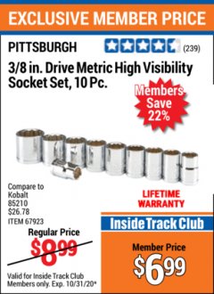 Harbor Freight ITC Coupon 3/8 IN. DRIVE METRIC HIGH VISIBILITY SOCKET SET, 10 PC. Lot No. 85210 Expired: 10/31/20 - $6.99