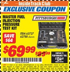 Harbor Freight ITC Coupon MASTER FUEL INJECTION PRESSURE TEST KIT Lot No. 97706 Expired: 6/30/18 - $69.99