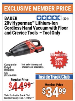 Harbor Freight ITC Coupon 20V LITHIUM-ION CORDLESS HANDHELD VACUUM Lot No. 64148 Expired: 1/28/21 - $34.99