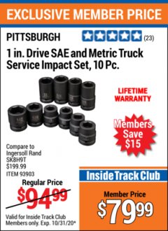 Harbor Freight ITC Coupon 1 IN. DRIVE SAE AND METRIC TRUCK SERVICE IMPACT SET, 10 PC. 93903 Lot No. 93903 Expired: 10/31/20 - $79.99