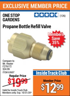 Harbor Freight ITC Coupon PROPANE BOTTLE REFILL VALVE Lot No. 63607 Expired: 10/31/20 - $12.99