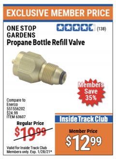 Harbor Freight ITC Coupon PROPANE BOTTLE REFILL VALVE Lot No. 63607 Expired: 1/28/21 - $12.99
