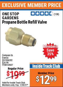 Harbor Freight ITC Coupon PROPANE BOTTLE REFILL VALVE Lot No. 63607 Expired: 1/28/21 - $12.99