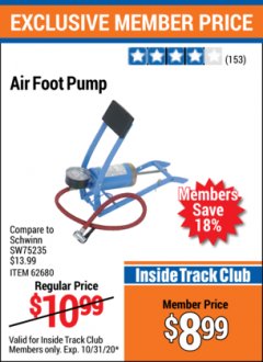 Harbor Freight ITC Coupon AIR FOOT PUMP Lot No. 62680 Expired: 10/31/20 - $8.99