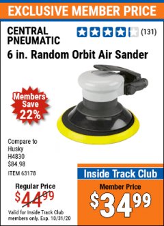 Harbor Freight ITC Coupon 6"SANDER Lot No. 63178 Expired: 10/31/20 - $34.99