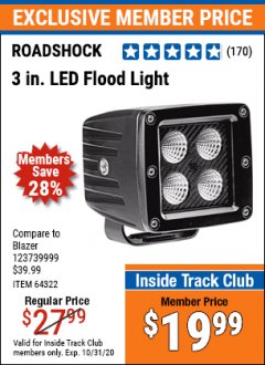 Harbor Freight ITC Coupon ROADSHOCK 3 IN. LED FLOOD LIGHT Lot No. 64322 Expired: 10/31/20 - $19.99