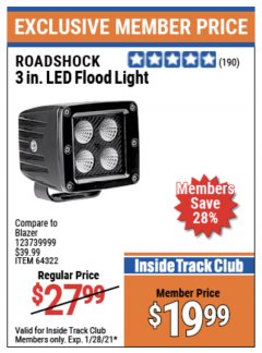 Harbor Freight ITC Coupon ROADSHOCK 3 IN. LED FLOOD LIGHT Lot No. 64322 Expired: 1/28/21 - $19.99