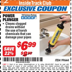 Harbor Freight ITC Coupon POWER PLUNGER Lot No. 99644 Expired: 8/31/19 - $6.99