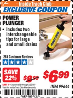 Harbor Freight ITC Coupon POWER PLUNGER Lot No. 99644 Expired: 2/29/20 - $6.99