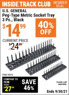 Harbor Freight ITC Coupon US GENERAL PEG TYPE SOCKET TRAY, 3PC METRIC Lot No. 70018 Expired: 9/30/21 - $14.99