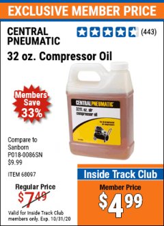 Harbor Freight ITC Coupon CENTRAL PNEUMATIC 32 OZ. COMPRESSOR OIL Lot No. 68097, 95048 Expired: 10/31/20 - $4.99