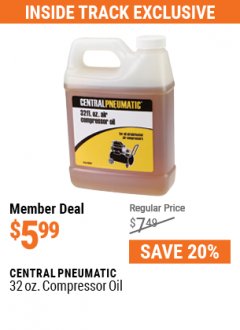 Harbor Freight ITC Coupon CENTRAL PNEUMATIC 32 OZ. COMPRESSOR OIL Lot No. 68097, 95048 Expired: 5/31/21 - $5.99