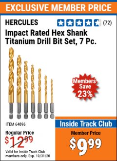 Harbor Freight ITC Coupon HERCULES IMPACT RATED HEX SHANK TITANIUM DRILL BIT SET, 7 PC. Lot No. 64896 Expired: 10/31/20 - $9.99