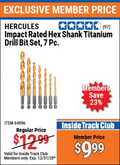 Harbor Freight ITC Coupon HERCULES IMPACT RATED HEX SHANK TITANIUM DRILL BIT SET, 7 PC. Lot No. 64896 Expired: 12/31/20 - $9.99