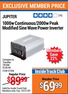 Harbor Freight ITC Coupon JUPITER 1000 WATT CONTINUOUS/2000 WATT PEAK MODIFIED SINE WAVE POWER INVERTER Lot No. 63522/57358 Expired: 10/31/20 - $69.99