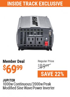 Harbor Freight ITC Coupon JUPITER 1000 WATT CONTINUOUS/2000 WATT PEAK MODIFIED SINE WAVE POWER INVERTER Lot No. 63522/57358 Expired: 5/31/21 - $69.99