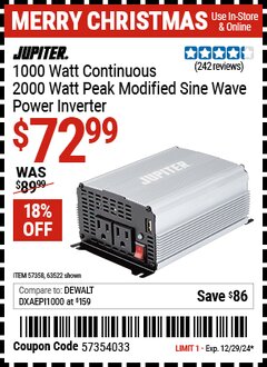 Harbor Freight Coupon JUPITER 1000 WATT CONTINUOUS/2000 WATT PEAK MODIFIED SINE WAVE POWER INVERTER Lot No. 63522/57358 Expired: 12/29/24 - $72.99