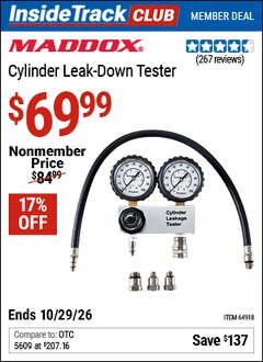 Harbor Freight ITC Coupon MADDOX CYLINDER LEAK-DOWN TESTER Lot No. 64918 Valid Thru: 10/29/26 - $69.99