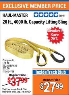 Harbor Freight ITC Coupon HAUL-MASTER 20 FT., 4000 LB. CAPACITY LIFTING SLING Lot No. 34708 Expired: 10/31/20 - $27.99