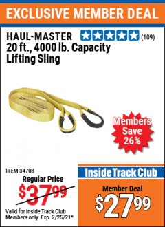 Harbor Freight ITC Coupon HAUL-MASTER 20 FT., 4000 LB. CAPACITY LIFTING SLING Lot No. 34708 Expired: 2/25/21 - $27.99
