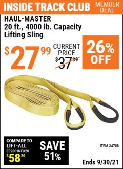 Harbor Freight ITC Coupon HAUL-MASTER 20 FT., 4000 LB. CAPACITY LIFTING SLING Lot No. 34708 Expired: 9/30/21 - $27.99