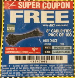 Harbor Freight FREE Coupon 8" CABLE TIES PACK OF 100 Lot No. 1142/60265/69402/34635/60263/69403 Expired: 6/16/18 - FWP