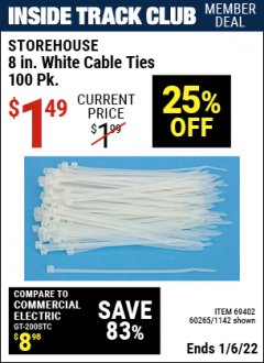 Harbor Freight ITC Coupon 8" CABLE TIES PACK OF 100 Lot No. 1142/60265/69402/34635/60263/69403 Expired: 1/6/22 - $1.49