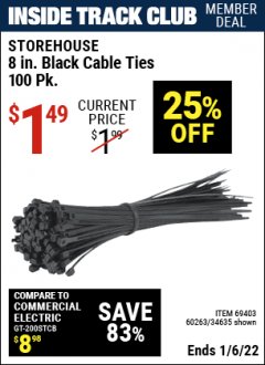 Harbor Freight ITC Coupon 8" CABLE TIES PACK OF 100 Lot No. 1142/60265/69402/34635/60263/69403 Expired: 1/6/22 - $1.49