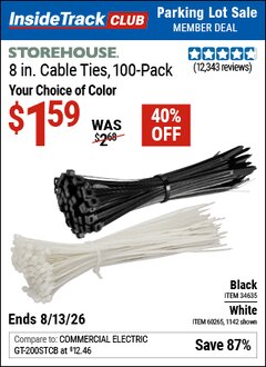 Harbor Freight ITC Coupon STOREHOUSE 8 IN. CABLE TIES, 100 -PACK Lot No. 1142/60265/34635 Valid Thru: 8/13/26 - $1.59