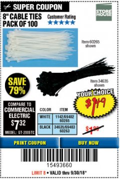 Harbor Freight Coupon 8" CABLE TIES PACK OF 100 Lot No. 1142/60265/69402/34635/60263/69403 Expired: 9/30/18 - $1.49