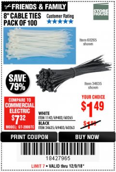 Harbor Freight Coupon 8" CABLE TIES PACK OF 100 Lot No. 1142/60265/69402/34635/60263/69403 Expired: 12/9/18 - $1.49
