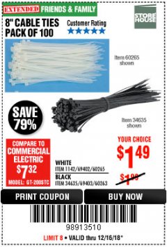 Harbor Freight Coupon 8" CABLE TIES PACK OF 100 Lot No. 1142/60265/69402/34635/60263/69403 Expired: 12/16/18 - $1.49
