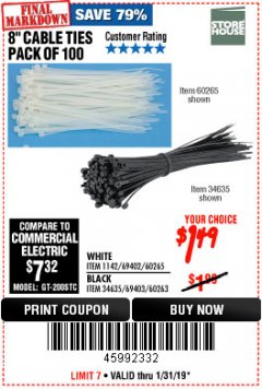 Harbor Freight Coupon 8" CABLE TIES PACK OF 100 Lot No. 1142/60265/69402/34635/60263/69403 Expired: 1/31/19 - $1.49