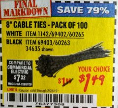Harbor Freight Coupon 8" CABLE TIES PACK OF 100 Lot No. 1142/60265/69402/34635/60263/69403 Expired: 2/28/19 - $1.49
