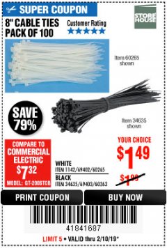 Harbor Freight Coupon 8" CABLE TIES PACK OF 100 Lot No. 1142/60265/69402/34635/60263/69403 Expired: 2/10/19 - $1.49