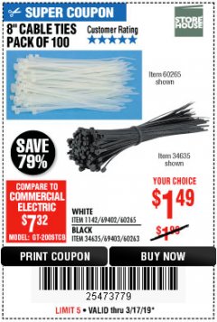 Harbor Freight Coupon 8" CABLE TIES PACK OF 100 Lot No. 1142/60265/69402/34635/60263/69403 Expired: 3/17/19 - $1.49
