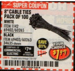 Harbor Freight Coupon 8" CABLE TIES PACK OF 100 Lot No. 1142/60265/69402/34635/60263/69403 Expired: 7/31/19 - $1.49