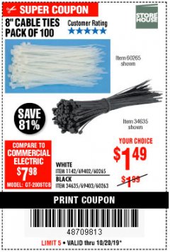 Harbor Freight Coupon 8" CABLE TIES PACK OF 100 Lot No. 1142/60265/69402/34635/60263/69403 Expired: 10/20/19 - $1.49