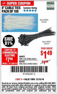 Harbor Freight Coupon 8" CABLE TIES PACK OF 100 Lot No. 1142/60265/69402/34635/60263/69403 Expired: 12/15/19 - $1.49