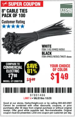 Harbor Freight Coupon 8" CABLE TIES PACK OF 100 Lot No. 1142/60265/69402/34635/60263/69403 Expired: 1/5/20 - $1.49