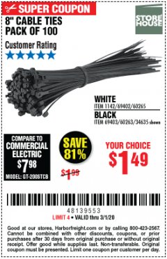 Harbor Freight Coupon 8" CABLE TIES PACK OF 100 Lot No. 1142/60265/69402/34635/60263/69403 Expired: 3/1/20 - $1.49