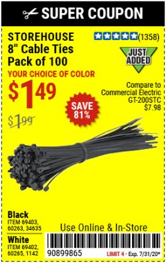Harbor Freight Coupon 8" CABLE TIES PACK OF 100 Lot No. 1142/60265/69402/34635/60263/69403 Expired: 7/31/20 - $1.49