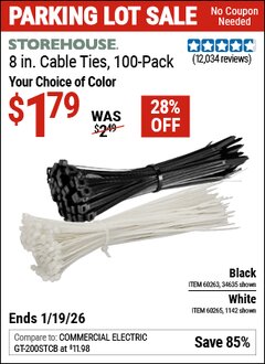 Harbor Freight Coupon STOREHOUSE 8 IN. WHITE CABLE TIES, 100-PACK Lot No. 1142/60265/34635/60263 Expired: 12/31/69 - $1.79